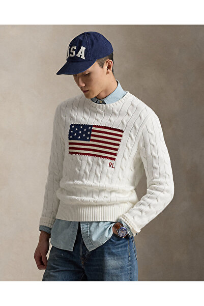 Ralph Lauren Blue Örgü Desenli İkonik Bayrak İşlemeli Kazak