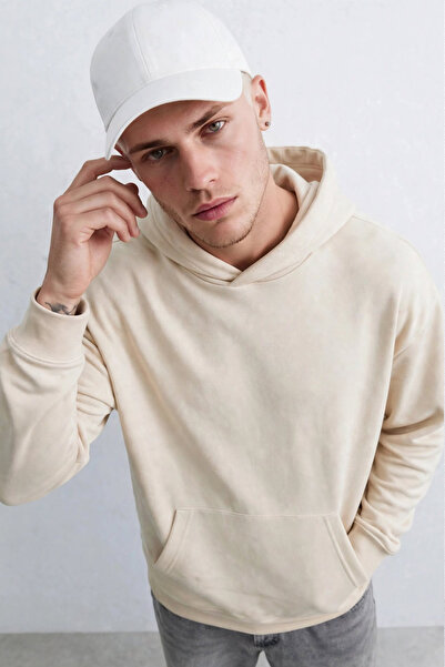 BARRELS AND OIL Men's Hooded Sweatshirt with Kangaroo Pocket - Beige