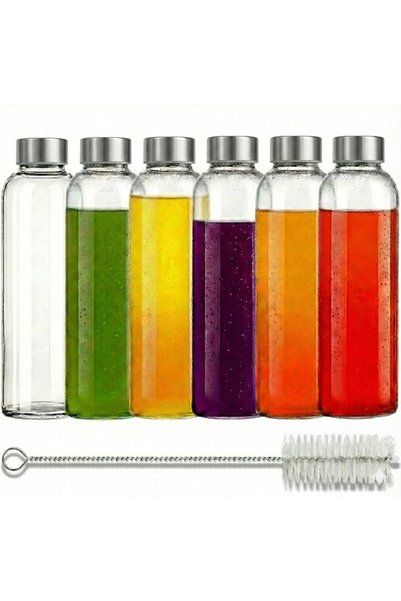 Brieftons Glass Water Bottles With Caps: Clear, 6 Pack, 18 Oz, Leakproof Lids...