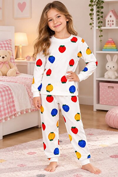 ALİŞ KİDS Girl's 100% Cotton White Strawberry Patterned Long Sleeve Pajama Set