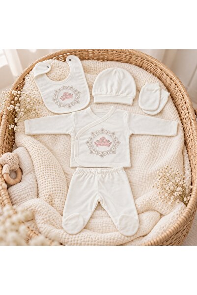 Pure Boutique Set nou-nascut fetita 5 piese bumbac alb cu coronita roz si pan...