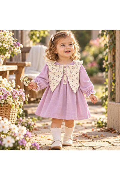 Pure Boutique Λιλά φόρεμα μουσλίνας για κοριτσάκι με φλοράλ λεπτομέρειες
