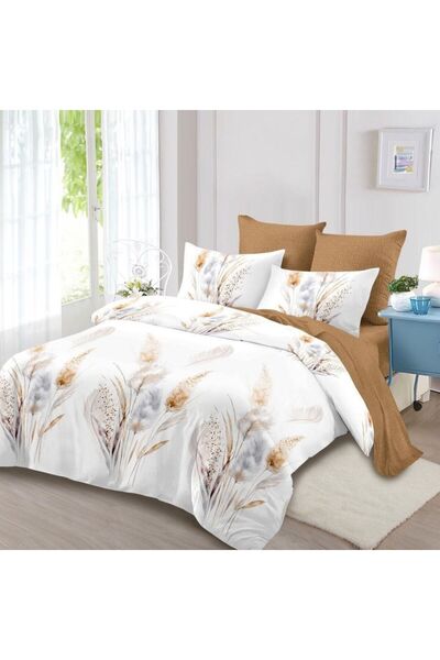 Generic Brand Lenjerie de pat 6 piese cu elastic, albă cu imprimeu pene decor...