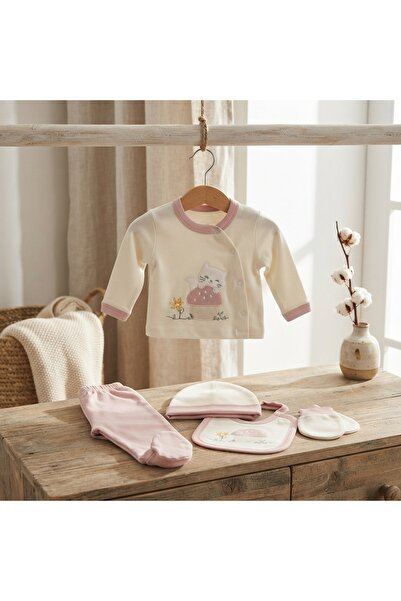 Pure Boutique Νεογέννητο σετ 5 τεμαχίων από λευκό και ροζ βαμβάκι με σχέδιο γ...