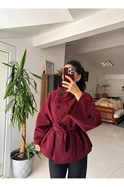 SHEZAN MODA Kadın Bordo Dik Yaka Kuşaklı Düğmeli Trençkot SZ-470094709