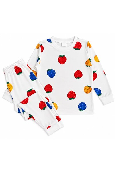 ALİŞ KİDS Girl's 100% Cotton White Strawberry Patterned Long Sleeve Pajama Set