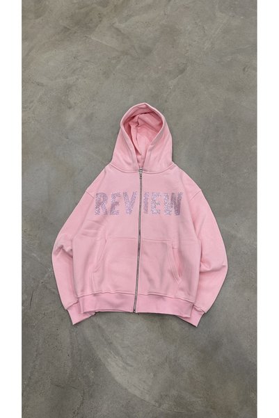 Genel Markalar Unisex Oversize Taş Baskılı Kapüşonlu Fermuarlı İçi Şardonlu H...