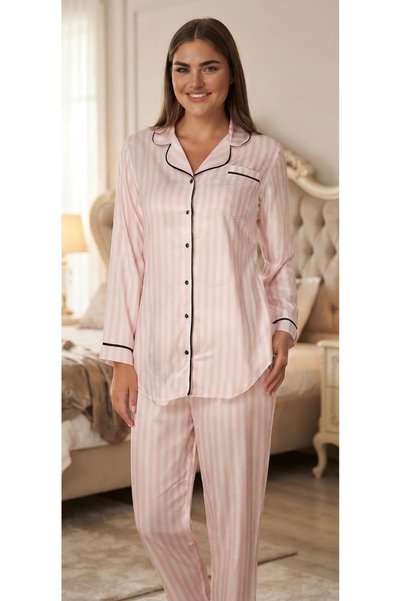 Zen Long Sleeve Cotton Satin Women's Pajama Set Striped Pink