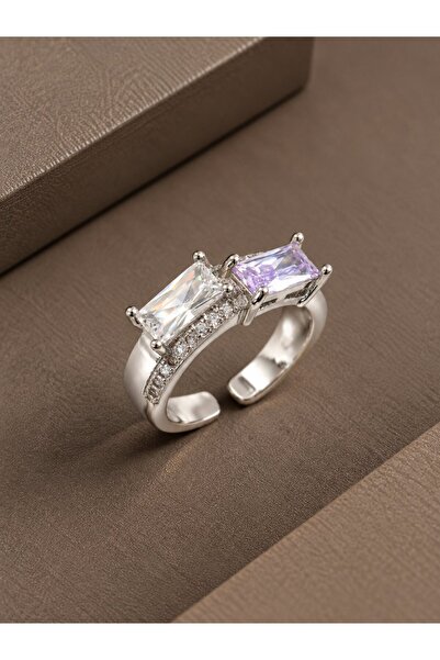 serelya Brass Zircon Stone Rectangular Model Silver Color Women's Ring