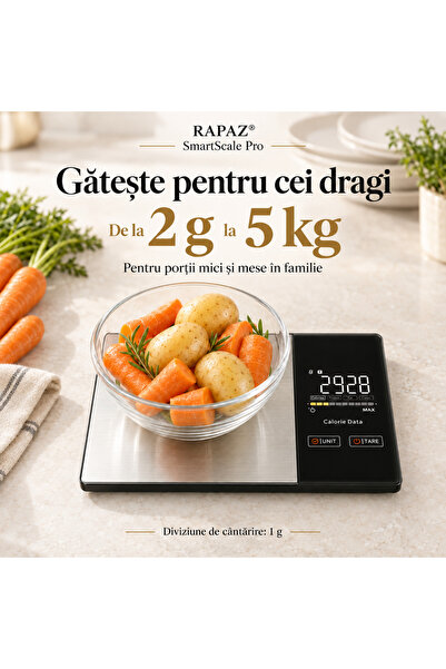 RAPAZ TREND RPZ Cântar de bucătărie inteligent RAPAZ® SmartScale Pro, Bluetooth, calorii și macronutrienți, capacitate 5 kg, funcție TARA, Negru/Argintiu