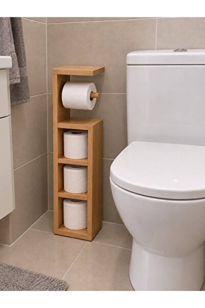 TAHTALI HOME Ahşap Banyo Düzenleyici Raf - 3 Raflı Tuvalet Kağıtlıklı Zemin S...
