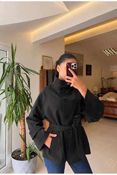 SHEZAN MODA Kadın Siyah Dik Yaka Kuşaklı Düğmeli Trençkot SZ-470094709