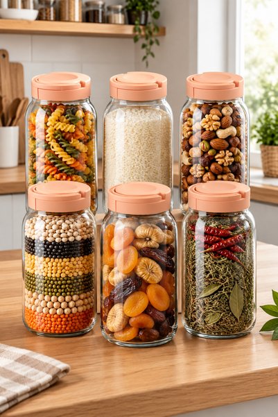 Hopeland 6-Piece 3 Liter Large Glass Storage Jars – Container for Storing Food, Legumes, and Dry Foods – Premium Lid