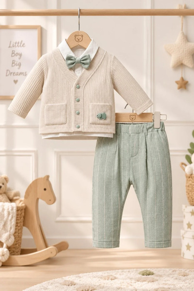 Tuğra Bebe Baby Boy 3-Piece Set: Bow Tie, Shirt, Knitwear, Cardigan, and Pants