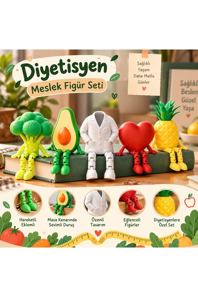 3DLAB ATELIER Diyetisyen Meslek Figür Seti – Oynar Eklemli Avokado, Brokoli, Ananas, Kalp ve Önlük Mini Figürler