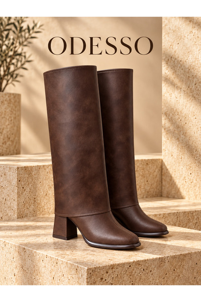 ODESSO Acı Kahve 2-in-1 Boots with Removable Dust Cover and Short Boots Thick Heeled Leather Boots
