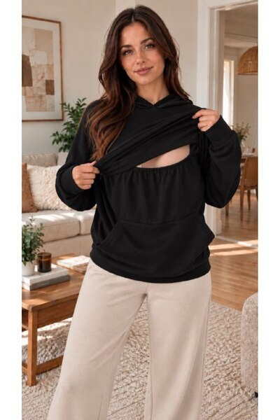 Maison La Femme Women's Hooded Breastfeeding Sweatshirt - Long Sleeve Materni...