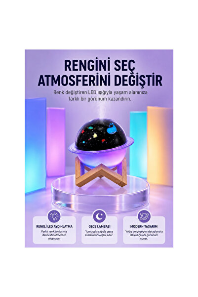 Atlasnua® Usb İle Çalışan Projektörlü Aromaterapi Nemlendirici Masaüstü Kullanım İçin Uygun