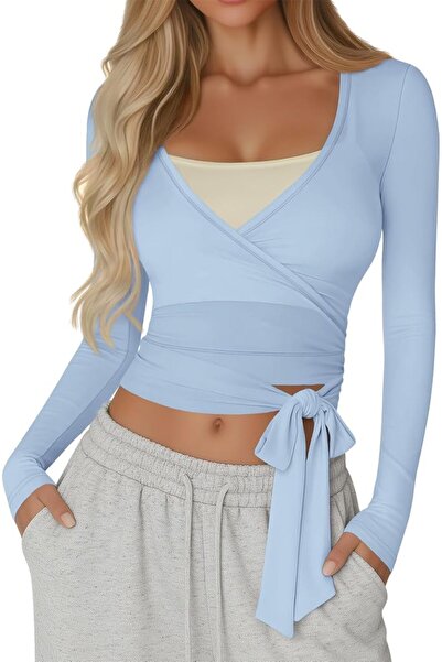 TERRIFI Women's Long Sleeve Wrap Top with Deep V Neck, Slim Fit Tie Waist Bal...