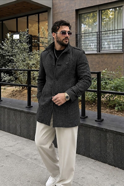 gm giyimarket Palton lung pentru bărbați, slim fit, din cașmir, sezon nou