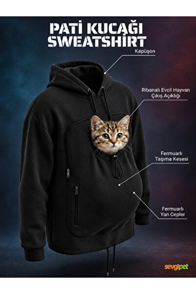 sevgipet Pati Kucağı Kanguru Sweatshirt – Fermuarlı Taşıma Keseli Kedi ve Küç...
