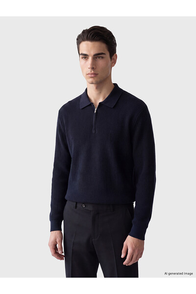 LC Waikiki Nevavm Navy Blue Knitwear Plain Polo Collar Men's Sweater