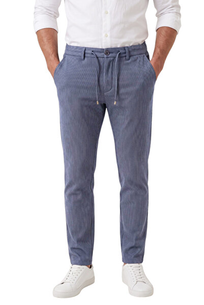 DeepSEA Erkek Slim Fit Çizgili Mavi Kumaş Pantolon – İpli Esnek Bel Likralı Spor Pantolon 2700240