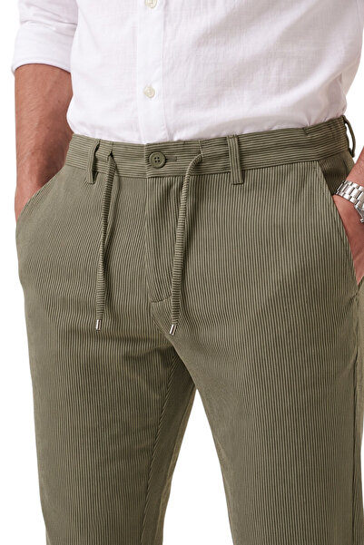 DeepSEA Erkek Slim Fit Çizgili Haki Kumaş Pantolon – İpli Esnek Bel Likralı Spor Pantolon 2700240