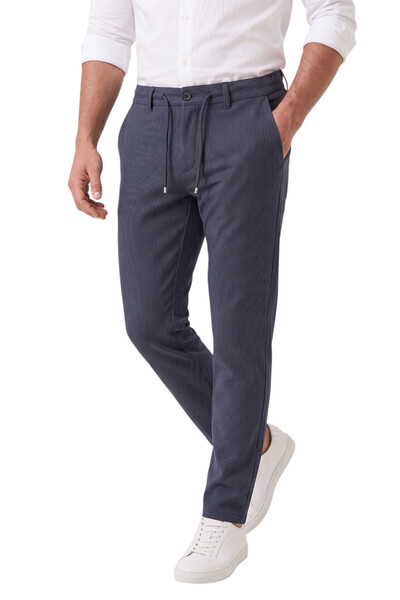 DeepSEA Erkek Slim Fit Çizgili Koyu Lacivert Kumaş Pantolon – İpli Esnek Bel Likralı Spor Pantolon 2700240