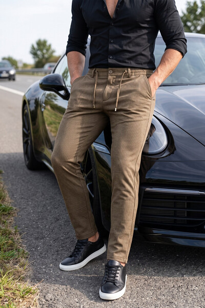 DeepSEA Erkek Slim Fit Çizgili Açık Kahve Kumaş Pantolon – İpli Esnek Bel Likralı Spor Pantolon 2700240