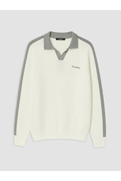 LC Waikiki Nevavm Xside Ecru Knitwear Embroidered Polo Collar Men's Sweater