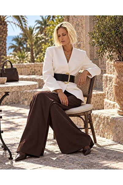 ibeeka Ivory Belted V-Neck Blazer Jacket - Thick Belt Detail