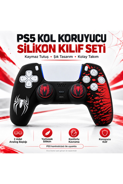 PS5 DualSense Uyumlu Örümcek Desenli Silikon Koruyucu Kılıf + 2 Adet Analog Stick Başlığı