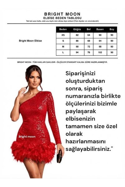 bright moon Women's Sequin Embroidered One-Sleeve Stylish Party Dress with Otriş Skirt