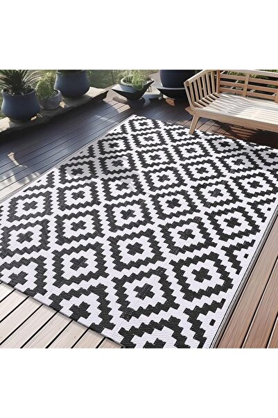 Yelajoy Outdoor Rug,Black Reversible Geometric Patio Carpet