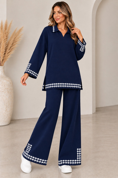 CNR TEKSTİL Women's Houndstooth Patterned Polo Collar Knitwear Set – Oversize...