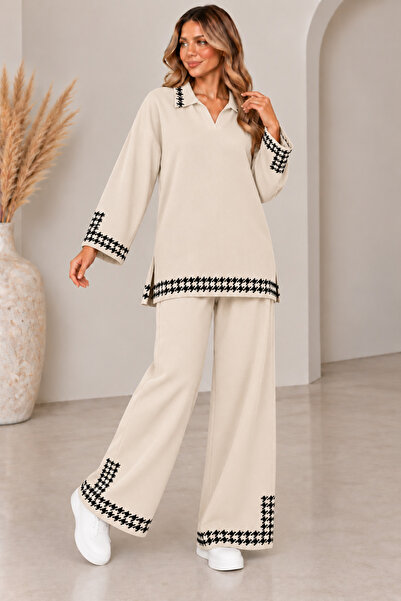 CNR TEKSTİL Women's Houndstooth Patterned Polo Collar Knitwear Set – Oversize...