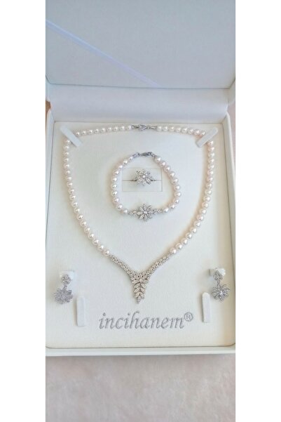 incihanem 925 Ayar Gümüş Lotus Çiçeği İncili Takım Set Zirkon Taşlı Kolye Bil...