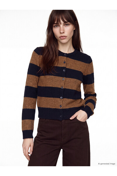 LC Waikiki Lcw Vision Brown Knitwear Striped Women's Cardigan with Nevavm Dif...