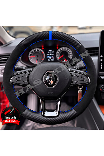 HasAkman Renault Clio 5 Dikme Direksiyon Kılıfı Alcantara Süet Mat Karbon Mav...
