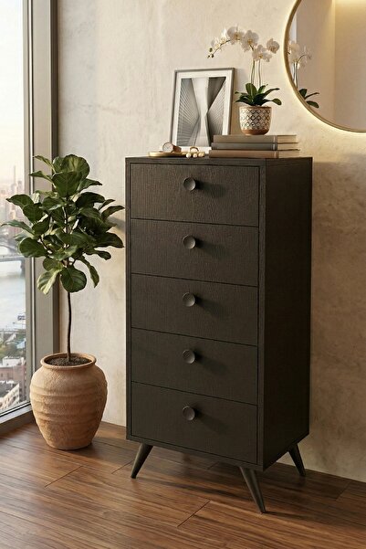 Yurudesign Vilamo Komodin Ahşap Ayak, 5Çekmece, Siyah VL70-332