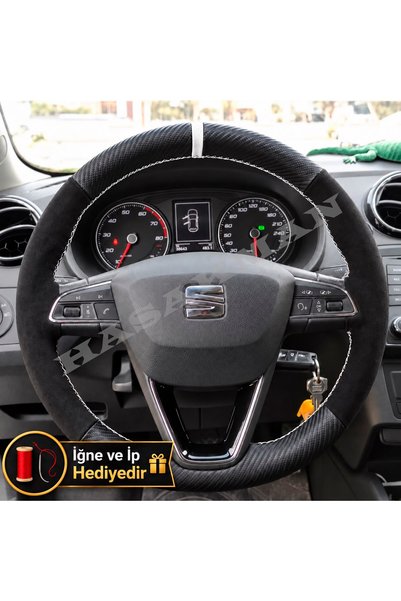 HasAkman Seat Leon MK3 Dikme Direksiyon Kılıfı Alcantara Süet Mat Karbon Beya...