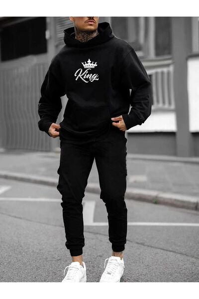 luci sports King Tracksuit Set Sweatshirt Jogger - Black Printed Oversize Hoodie