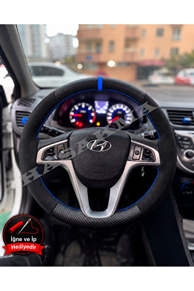 HasAkman Hyundai i20 Dikme Direksiyon Kılıfı Alcantara Süet Mat Karbon Mavi Y...