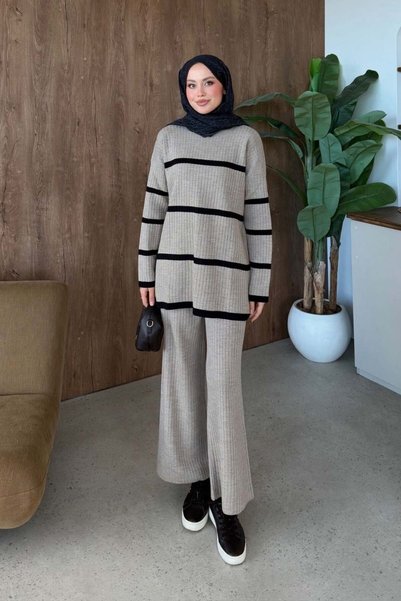 Şule Giyim Two-Color Knitwear Set Mink