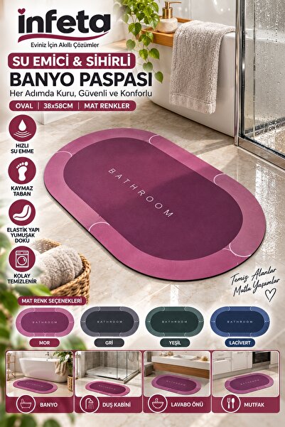 İnfeta 38X58 cm Oval Water Absorbent Bath Mat with Non-Slip Base Elastic Soft...