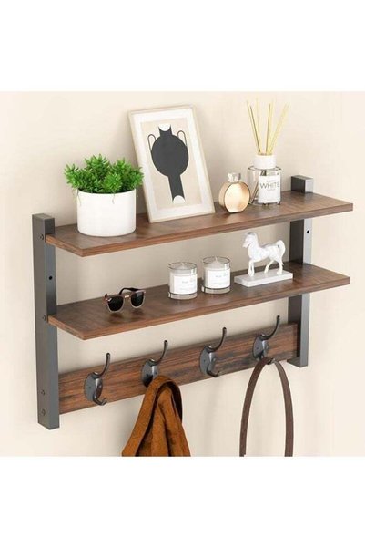 Generic Two-Tier Wall Shelf with Hooks, 17" Coat Rack Wall Mount with Shelf, ...