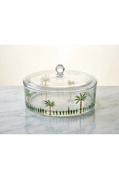 Generic Round Clear Glass Box with Cover - Palm Tree Design