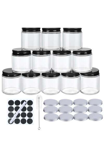 Generic 12Pack 4oz Glass Jars with Black Metal Lids & Silver lids, Clear Roun...