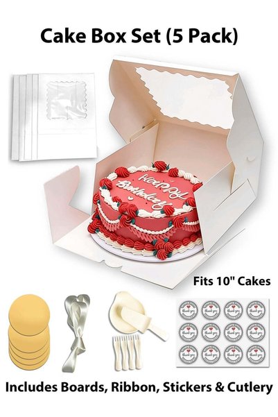 Generic Cake Box Set 10x10x5 Inch – 5 White Window Cake Boxes with Gold Cake ...